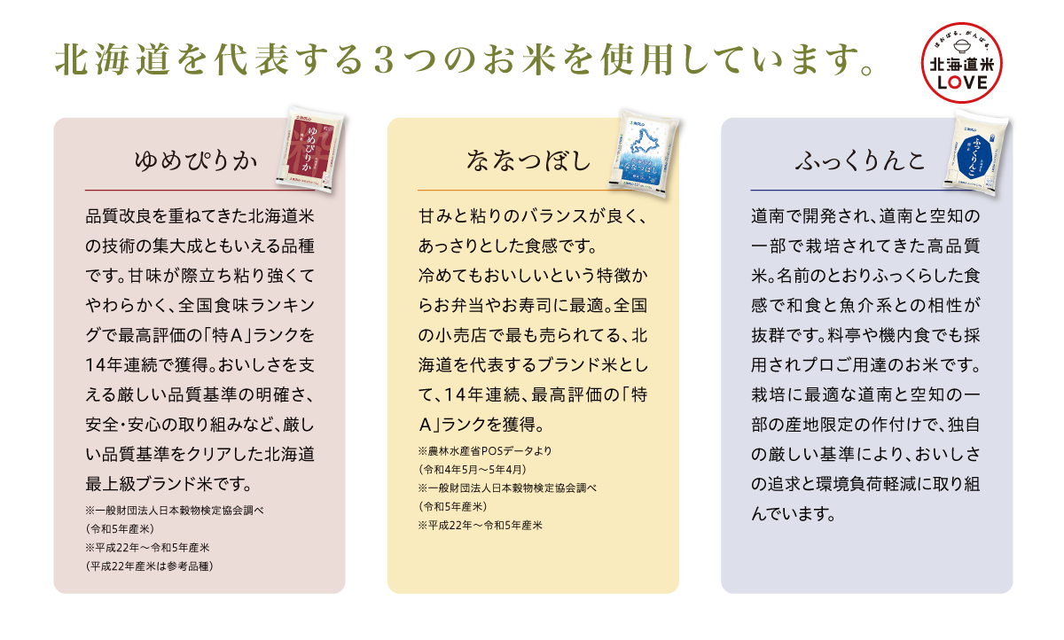 北海道を代表する３つのお米を使用しています。